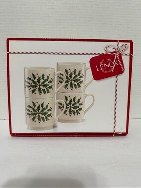 Lenox Stackable Ivory Mugs with Green Holly and Red Berry Accents - Set of 4